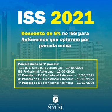 Prefeitura do Natal dá desconto de 5% no ISS para Autônomos que optarem por parcela única