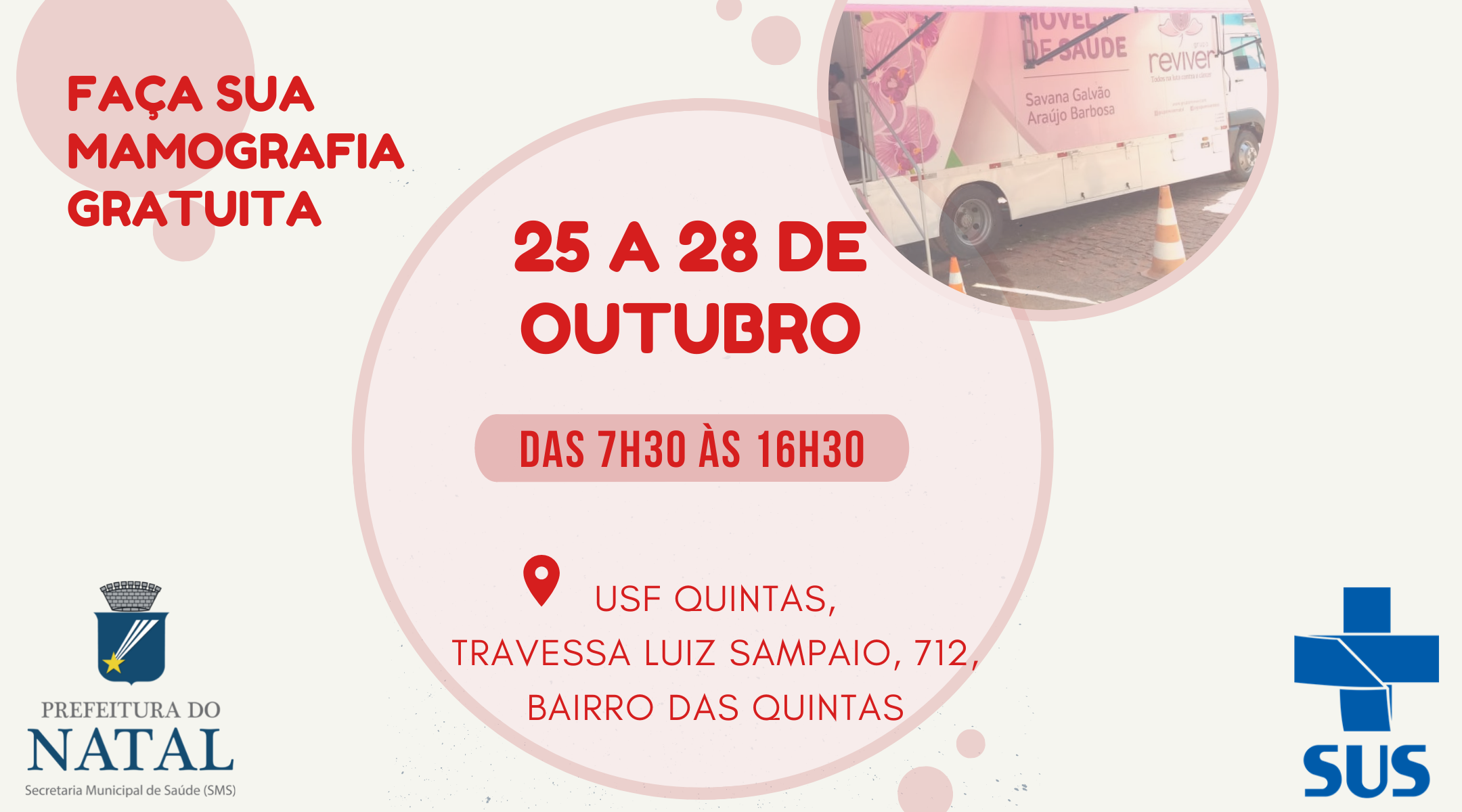 Mutirão de mamografias da SMS Natal chega ao Bairro das Quintas