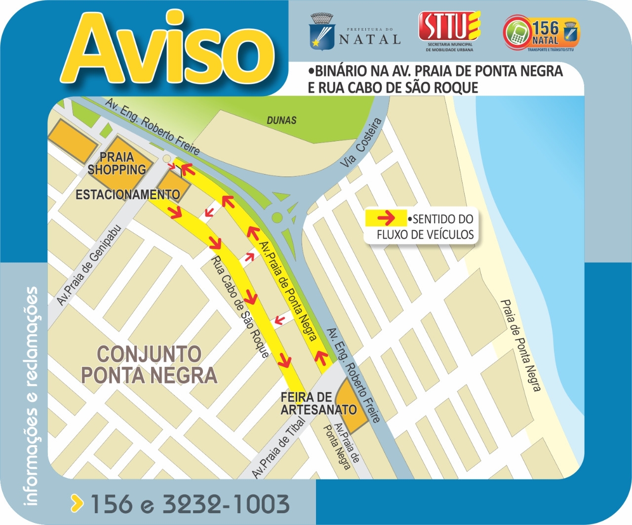 STTU implanta sentido único na avenida Praia de Ponta Negra e na Rua Cabo  de São