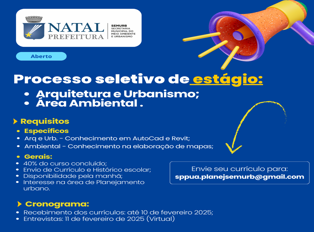 Semurb abre vagas de estágio para os cursos de arquitetura e urbanismo e área ambiental