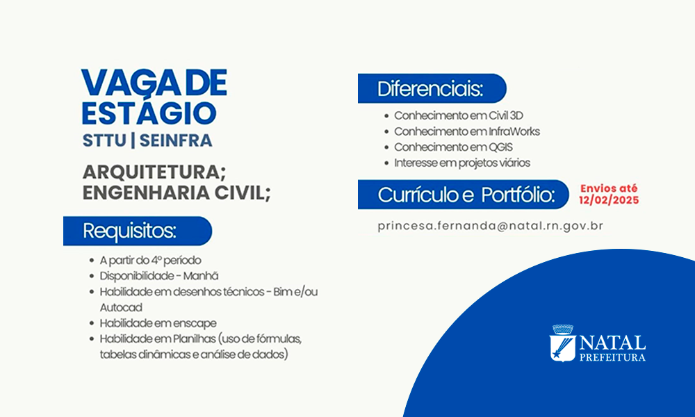 SEINFRA disponibiliza vaga de estágio para engenharia e arquitetura